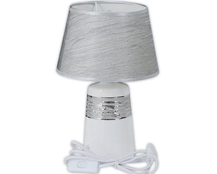 Keramische tafellamp "Vittoria" 31 cm hoog, Ø 20 cm, gemaakt van keramiek, metaal en stof gemaakt van polyester, wit en zilver