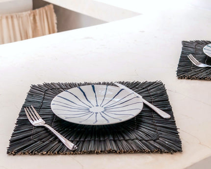 Zwart zeegras placemat (set van 2, 4 of 6) 36 cm | Rechthoekige vierkante tafelmat VARNA (zwart)