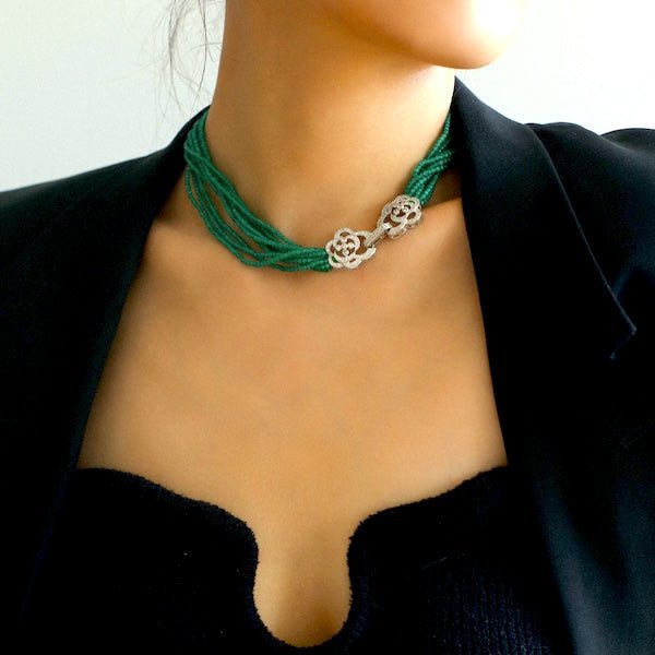 Gevlochten choker met cat's oogstenen kralen - Camille sluiting