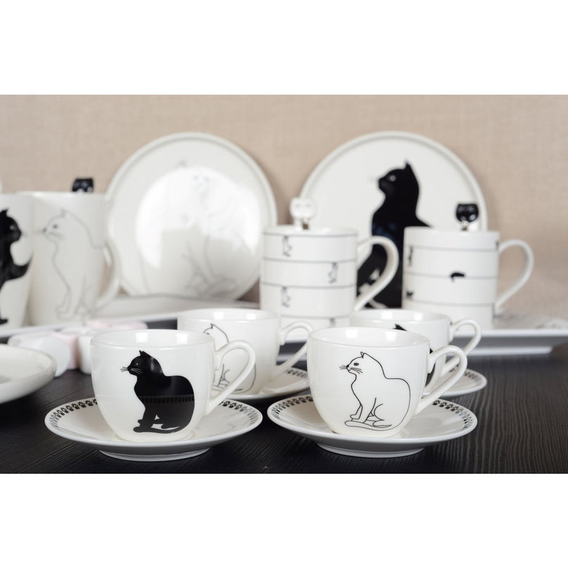 Koffiekopjes met zwart -witte kattenschotels - veel van 4