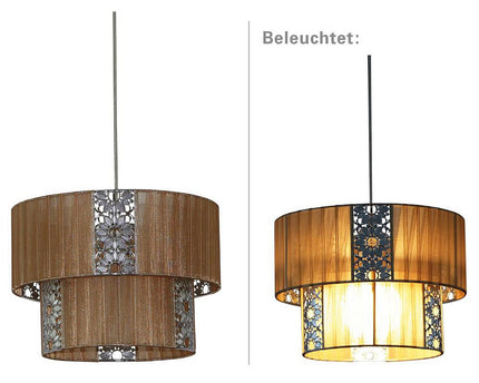 De "Pori" hanglamp tot 120 cm hoog, Ø 30 cm, gemaakt van metaal en polyester, kleur cappuccino, E27 -versie