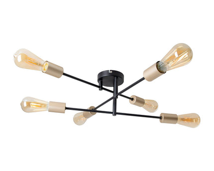 Plafondlicht "Modo" 6-flame gemaakt van metaal in zwart, versies goud, E27-aansluiting, plafondlamp voor woonkamer, eetkamer, keuken, gang, gang of kantoor met een Øvon 54,5 cm