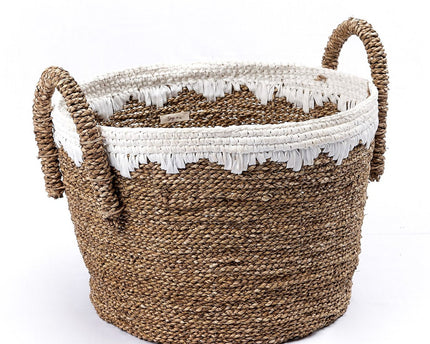 Ronde manden van zeegras met witte katoenen koorden WAIGEO (3 maten) Decoratieve was- of opbergmand