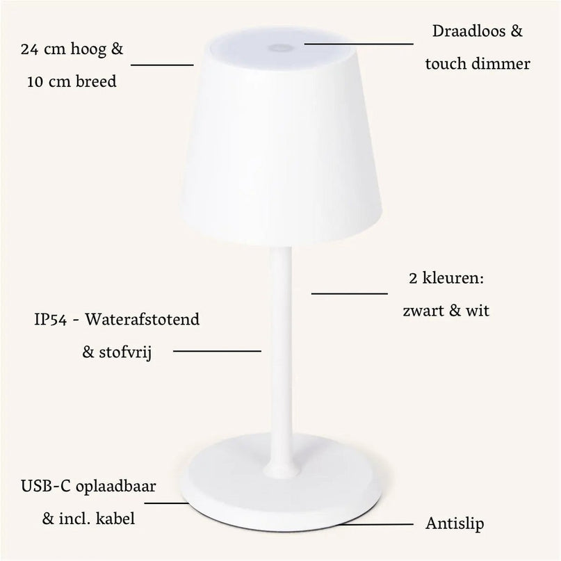James White oplaadbare tafellamp – draadloos, dimbaar en elegant