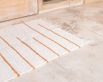 Vloerkleed van wit katoen met bruine strepen 64x51 cm Handgeweven vloermat GIANYAR