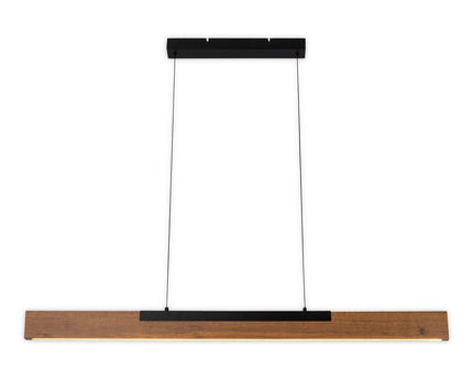 LED hanglamp "Wilma" gemaakt van metaal en hout (MDF) in zwart en bruin, ca. 122.2 cm lang, ca. 150 cm hoog, in hoogte verstelbaar, met geïntegreerde lamp, dimbaar, met geheugeneffect