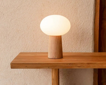 Max lichtbruine houten oplaadbare tafellamp met glas en oplaadbare batterij | Dimbare en veelzijdige verlichting