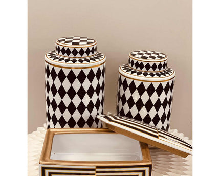 Moderne huisdecoratie opbergdoos met zwart-wit gouden rand