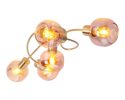 5er spot/plafondlamp "libby" messing, klassiek plafondlamp gemaakt van messing gekleurd metaal en getinte glas in barnsteen, met E14-aansluiting, voor eetkamer, woonkamer, gang of kantoor, 65,5 cm lang