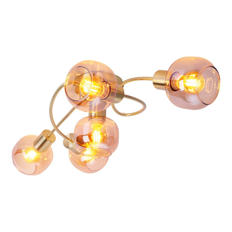 5er spot/plafondlamp "libby" messing, klassiek plafondlamp gemaakt van messing gekleurd metaal en getinte glas in barnsteen, met E14-aansluiting, voor eetkamer, woonkamer, gang of kantoor, 65,5 cm lang