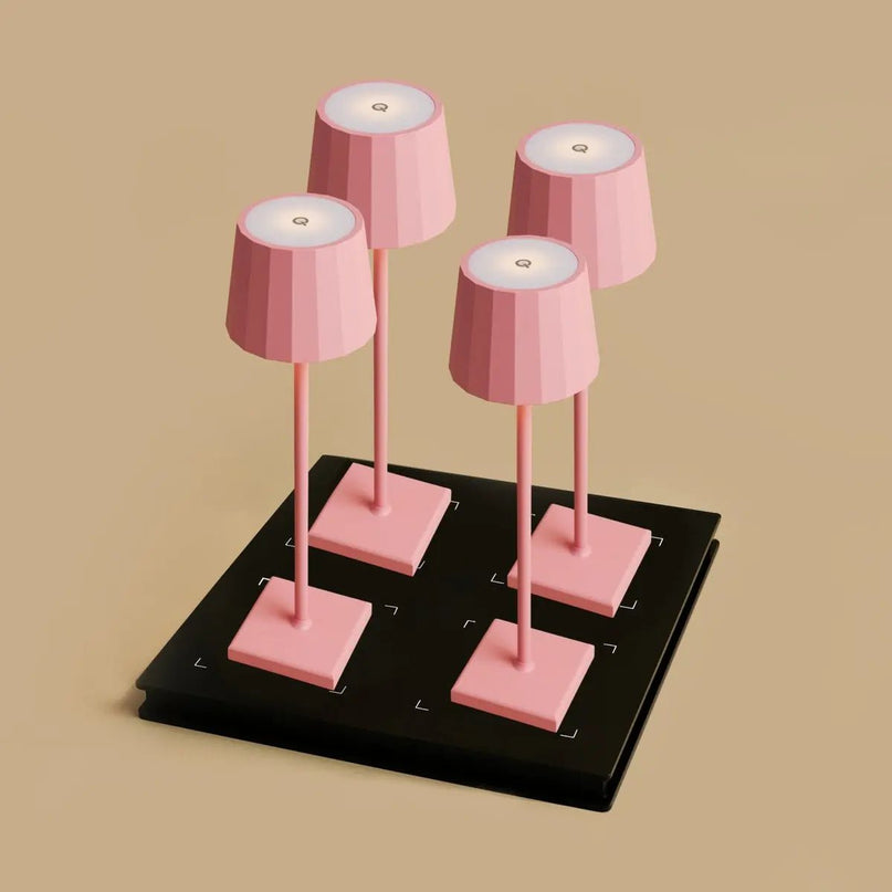 Combi Set Professional-4 X Wouter Flamingo Roze oplaadbare tafellampen & 1 x Amstel Wireless Laying Station met Qi-Technology-Perfect voor restaurants, gastvrijheid en hotels