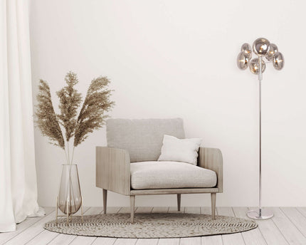 Staande lamp "Orion" rokerig, ongeveer 165 cm hoog, gemaakt van chroomkleurig, roestvrij staal en rookglas, G9-aansluiting, verlichting voor woonkamer, eetkamer of kantoor.