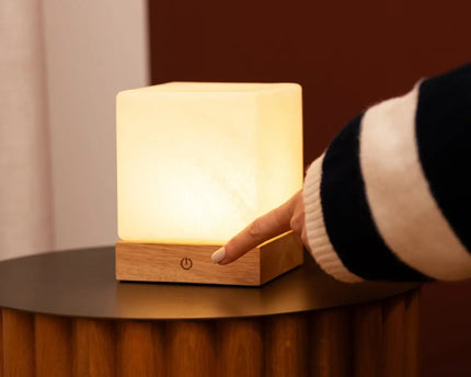 YCE lichtbruine draadloze houten lamp met bevroren glas-oplaadbare, dimbare, 100-uur batterij