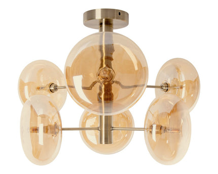 Plafondlamp "Orion" Ø ongeveer 53 cm barnsteen, gemaakt van messing gekleurd metaal en glas in barnsteen, G9-basis, verlichting voor woonkamer, eetkamer of kantoor.