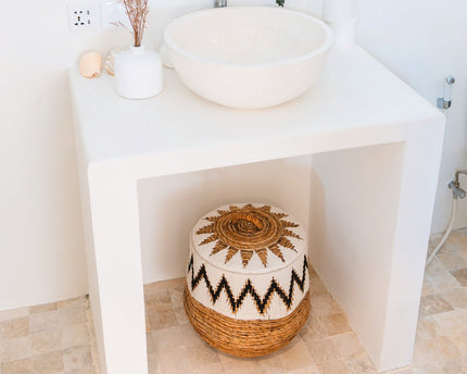 Wasmand met deksel – Boho Wasmand Rond – Grote Boho Mand – Geweven Mand met Katoenpatroon PALEM (3 maten Ø33/43/55cm)