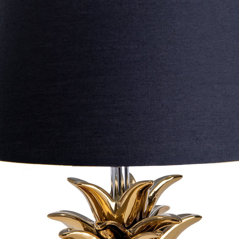 Keramische tafellamp "ananas", tafellamp gemaakt van keramiek met goudkleurig glazuur en zwart stofscherm, met E14-aansluiting, voor eetkamer, woonkamer, gang of kantoor, tafellamp 45 cm hoog