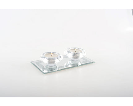 Double Crystal Candle Holder op Silver Mirror Rechthoekondersteuning