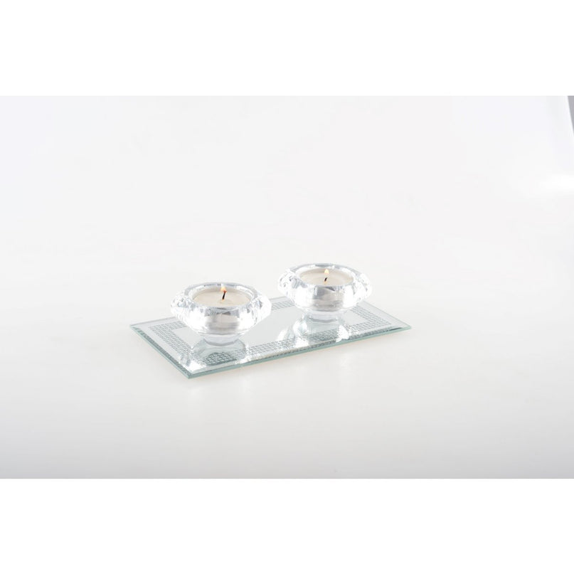 Double Crystal Candle Holder op Silver Mirror Rechthoekondersteuning