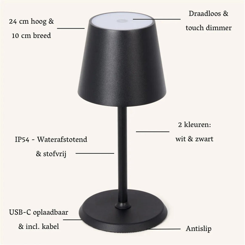 James Black oplaadbare ijzeren tafellamp – draadloos, dimbaar en elegant