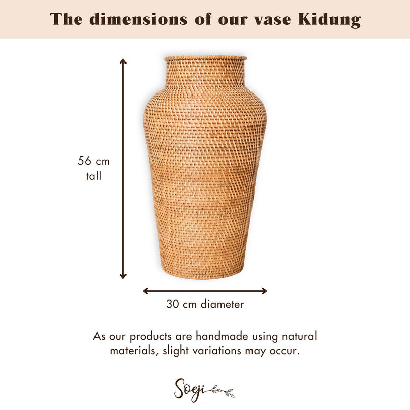 Geweven rotan vaas rond – grote boho decoratieve vaas – vaas hoog en smal – vloervaas handgemaakt van natuurlijke vezels (Ø 30 cm) KIDUNG