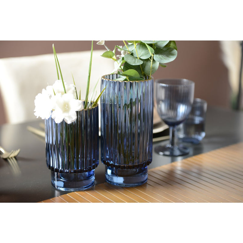 Blauwe vaas donkere rand vergulde h.20 cm