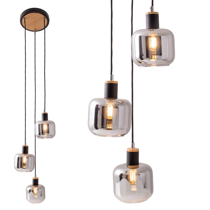 3 plafondlamp "fumoso", hanglamp gemaakt van metaal en glas in zwart, met E14 -aansluiting, voor eetkamer, woonkamer, hal of kantoor, hangende lamp Totale hoogte 123 cm.