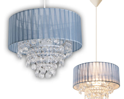 Deko hanglamp "Crystallo", hanglamp gemaakt van metaal, transparant plastic en grijs textielmateriaal, E27 -aansluiting, voor eetkamer, woonkamer, gang of kantoor, 30 cm diameter