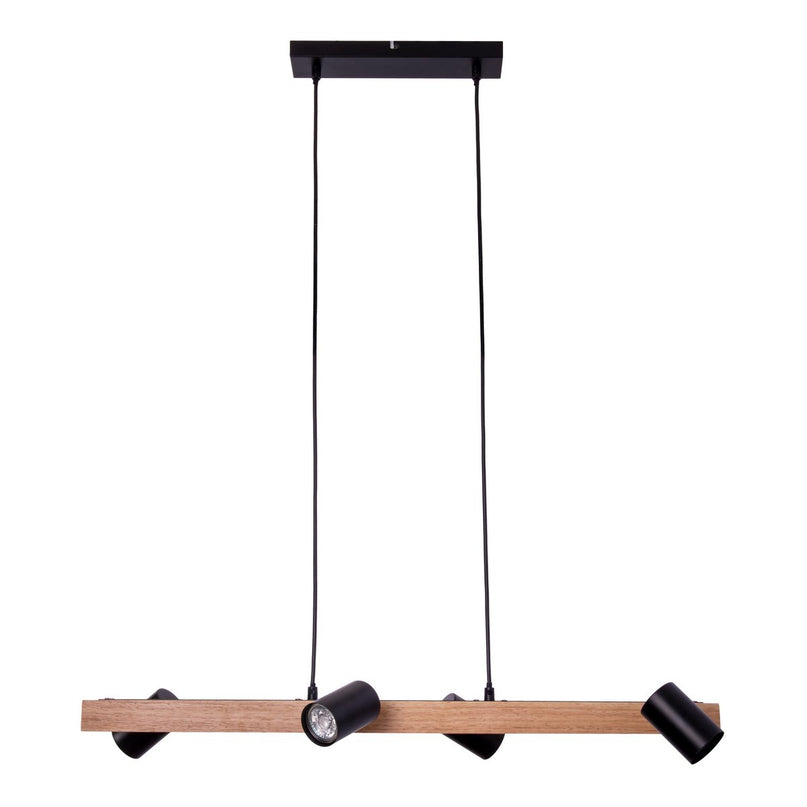 4 hanglamp "Frida" metaal en hout in zwart, en de natuur, hangende lamp, GU10, hanglamp voor eetkamer, woonkamer, gang of kantoor, 80 cm lang
