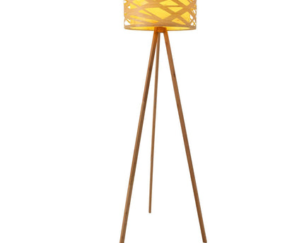 Staande lamp "Finja" gemaakt van natuurlijk gekleurde plastic/holzimitatie, met E27-versieverlichting voor woonkamer, eetkamer of kantoor, 148 cm hoog