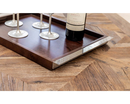 Rechthoekig houten dienblad met 44x33cm zilveren metalen handgrepen