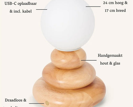 Isabella Houten & Glazen Oplaadbare Lamp - Snoerloos & Dimbaar