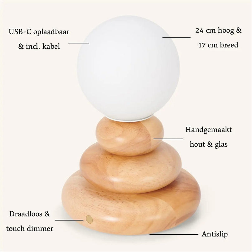 Isabella Houten & Glazen Oplaadbare Lamp - Snoerloos & Dimbaar
