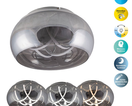 LED -plafondlicht "Malou" Ø 45 cm, 23,5 cm hoog, gemaakt van metaal, rookglas, geïntegreerde LED's, warm wit