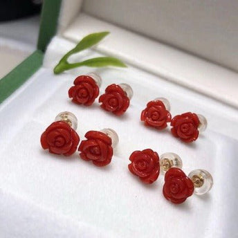 Tijdloos Red Coral Rose Flower Ear studs-18k goud