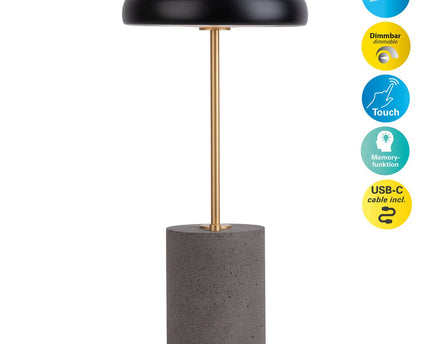 Batterijlamp "seta" zwart 30 cm hoog gemaakt van metaal en beton, met een stevig gebouwd -in LED