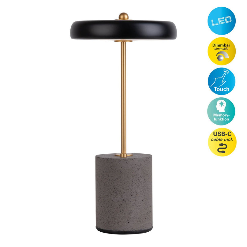 Batterijlamp "seta" zwart 30 cm hoog gemaakt van metaal en beton, met een stevig gebouwd -in LED