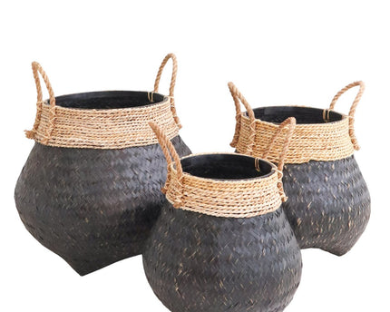 Zwarte plantenmand Decoratieve mand Grote wasmand BENOA (zwart) Handgeweven mand van bamboe en zeegras (3 maten)