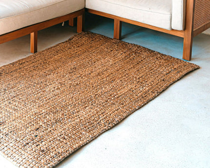 Vierkant Boho-vloerkleed gemaakt van natuurlijke vezels-handgeweven vloermat-rechthoekig bruin tapijt-groot water hyacint tapijt 180x115 cm sawah