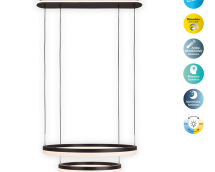 LED CCT hanglamp "Circulo" gemaakt van zwart metaal en zandkleurig plastic, met geïntegreerde LED en vele functies, Ø 60 cm, 150 cm hoog.