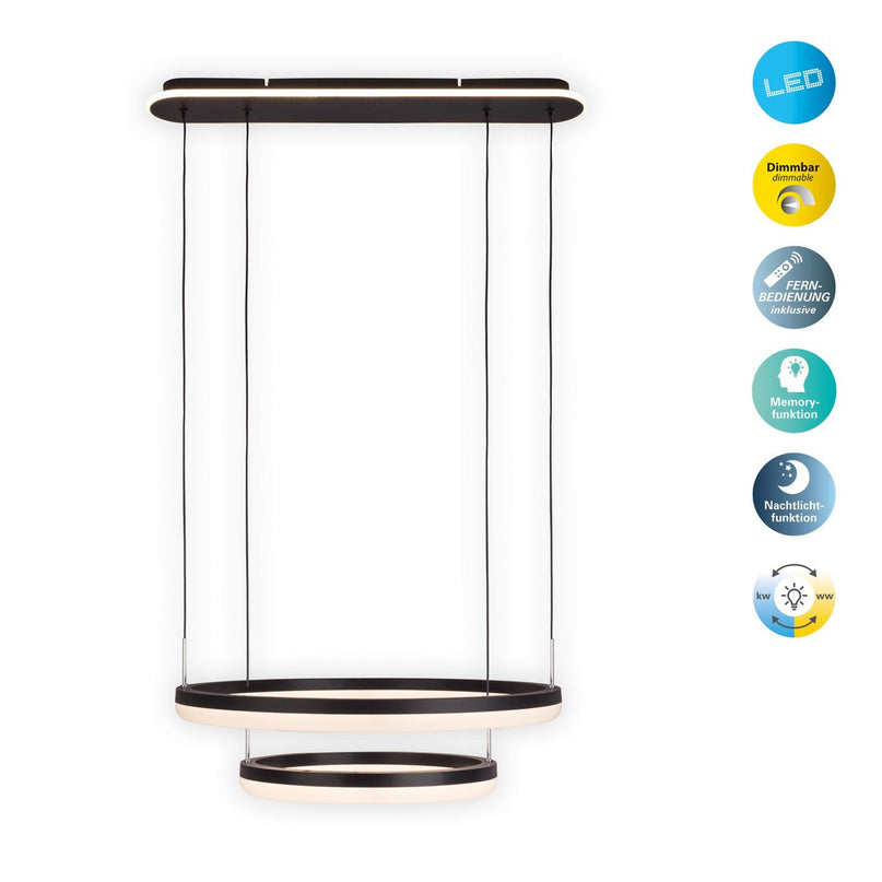 LED CCT hanglamp "Circulo" gemaakt van zwart metaal en zandkleurig plastic, met geïntegreerde LED en vele functies, Ø 60 cm, 150 cm hoog.