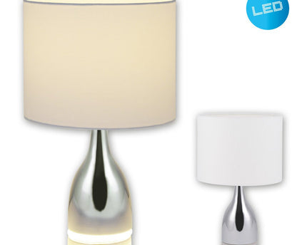 De "Cosima" LED -tafellamp is 43,5 cm hoog, paraplu Ø 25 cm, gemaakt van metaal, plastic, textielmateriaal in de kleuren chroom en wit. Beide geïntegreerde LED's in de Light Foot en E14 -versie