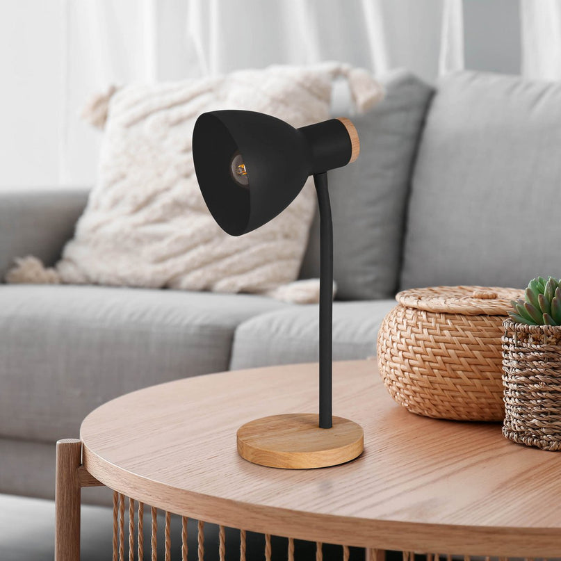 "Marie" bureaulamp gemaakt van metaal en hout, E14, zwart, 36,5 cm hoog