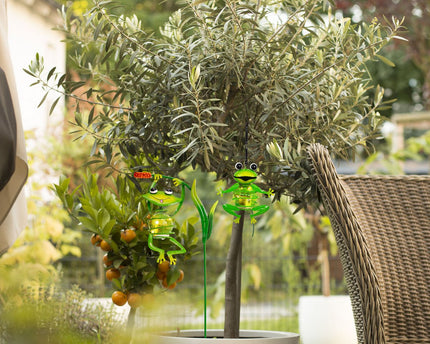 2 Set Solar-Deco Hanglight "Frosch" ca. 20 en 66 cm hoog, gemaakt van geschilderd. Dawn Sensor;