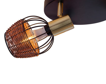 3 "Corbis" plafond Rondel, metalen plek in zwart, met goud en rattan, met E14 -aansluiting, voor eetkamer, woonkamer, gang of kantoor, verlichting voor woonkamer, eetkamer of kantoor, 38 cm diameter, diameter van 38 cm