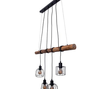 4 hanglamp "Woodland", hanglamp, metaal en hout in zwart en natuurlijke E27 -aansluiting, voor eetkamer, woonkamer, gang of kantoor, 100 cm lang