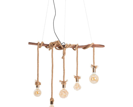 Hanger lamp "touw" 5flg. Hanglamp gemaakt van hout en touw in de natuur, E27 -versie, verlichting voor woonkamer of kantoor