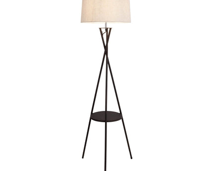Staande lamp met geïntegreerde "tora" tafel gemaakt van roest -gekleurd metaal en natuurlijk gekleurd textielmateriaal, 158 cm hoog Ø 51 cm, e27