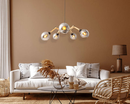 5 glazen hanglamp "soito" hanglamp gemaakt van metaal, glas en rubberen hout, met E14 -aansluiting, voor eetkamer, woonkamer, gang of kantoor, een diameter van 80 cm