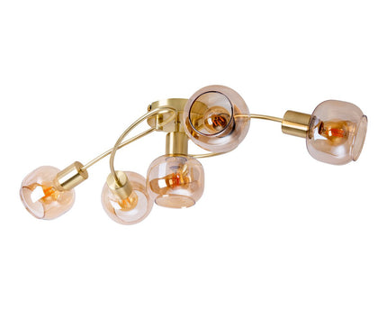 5er spot/plafondlamp "libby" messing, klassiek plafondlamp gemaakt van messing gekleurd metaal en getinte glas in barnsteen, met E14-aansluiting, voor eetkamer, woonkamer, gang of kantoor, 65,5 cm lang
