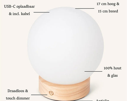 Flore lichtbruine houten lamp met glazen lamp - oplaadbaar en dimbaar draadloos licht